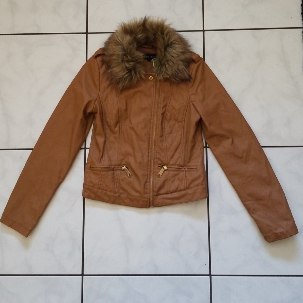 Brown leather Faux fur jacket coat